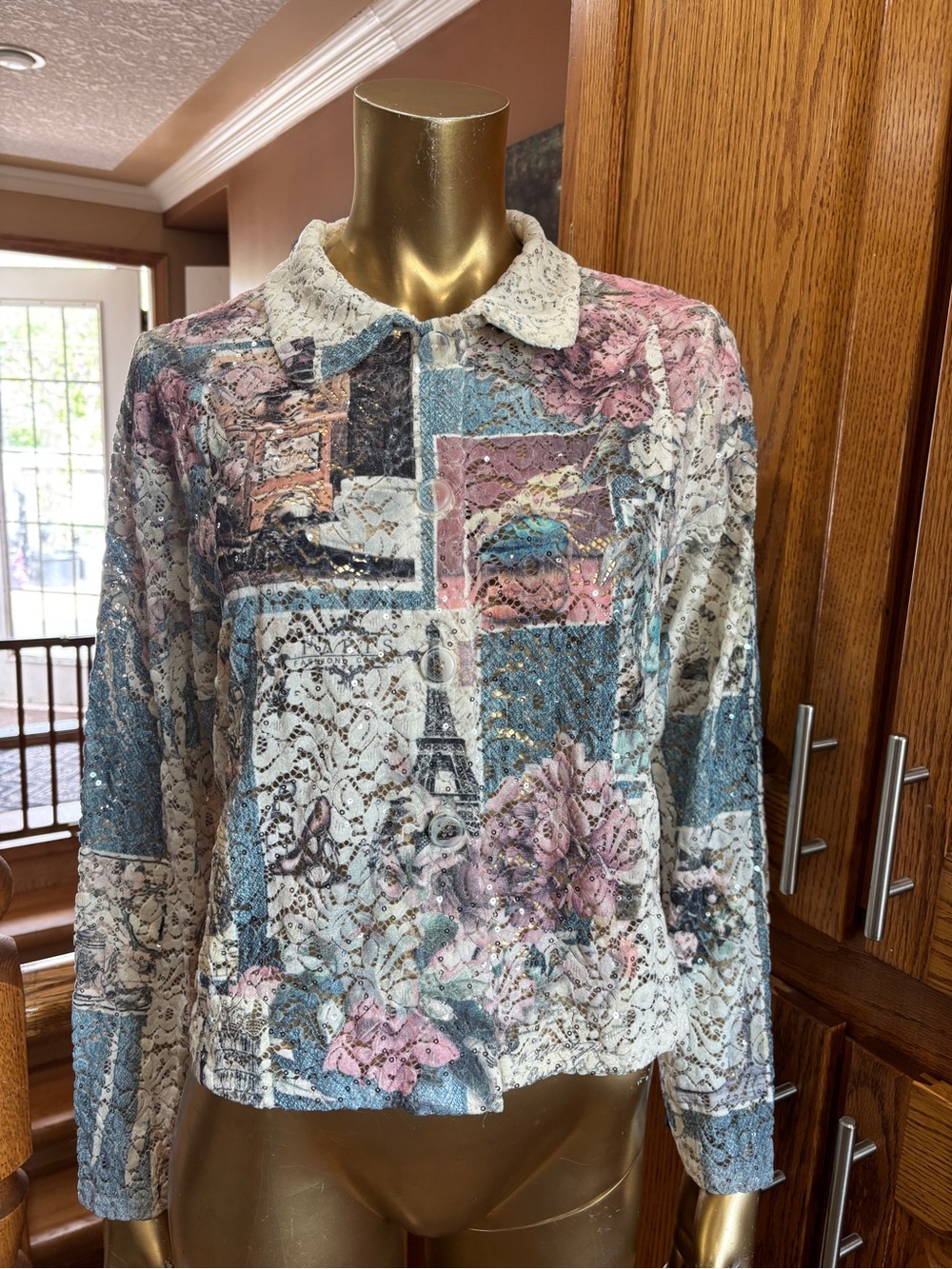 Lace-Overlay Patchwork lace and sequin crop patchwork Jacket - Pink & Blue